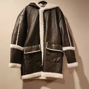 BOOHOO MAN faux leather faux fur chocolate brown color aviator jacket size XL